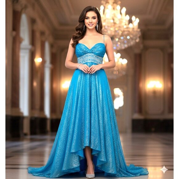 Dazzling Metallic Blue Silk Gown Flowy Prom 0 Hoco Glam Pageant Jeweled Hi-Low - Picture 11 of 11
